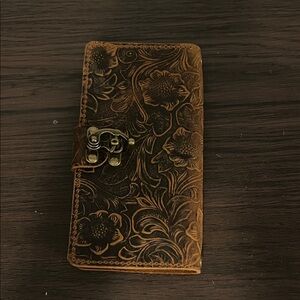Vintage Floral Embossed Brown Leather Phone Wallet Case